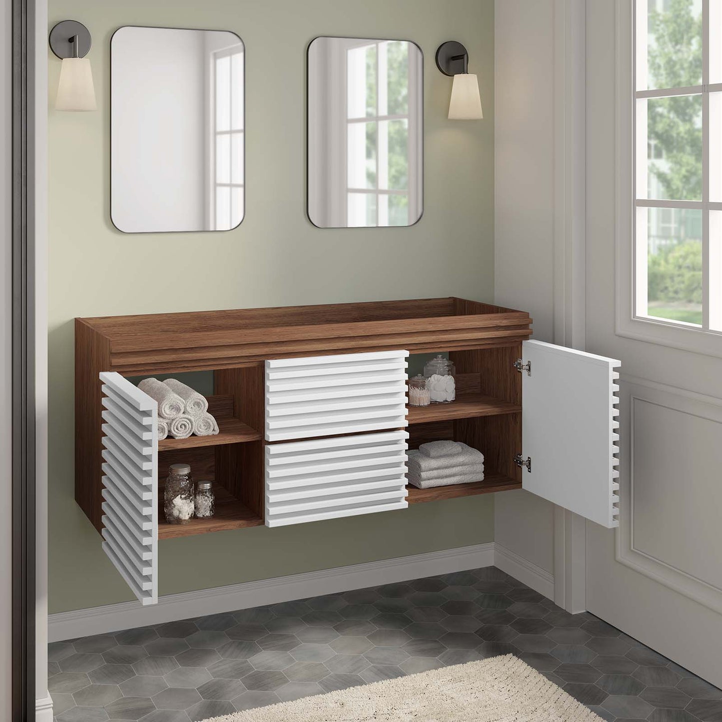 Render 48" Double Sink Compatible (Not Included) Bathroom Vanity Cabinet White Walnut EEI-5867-WHI-WAL