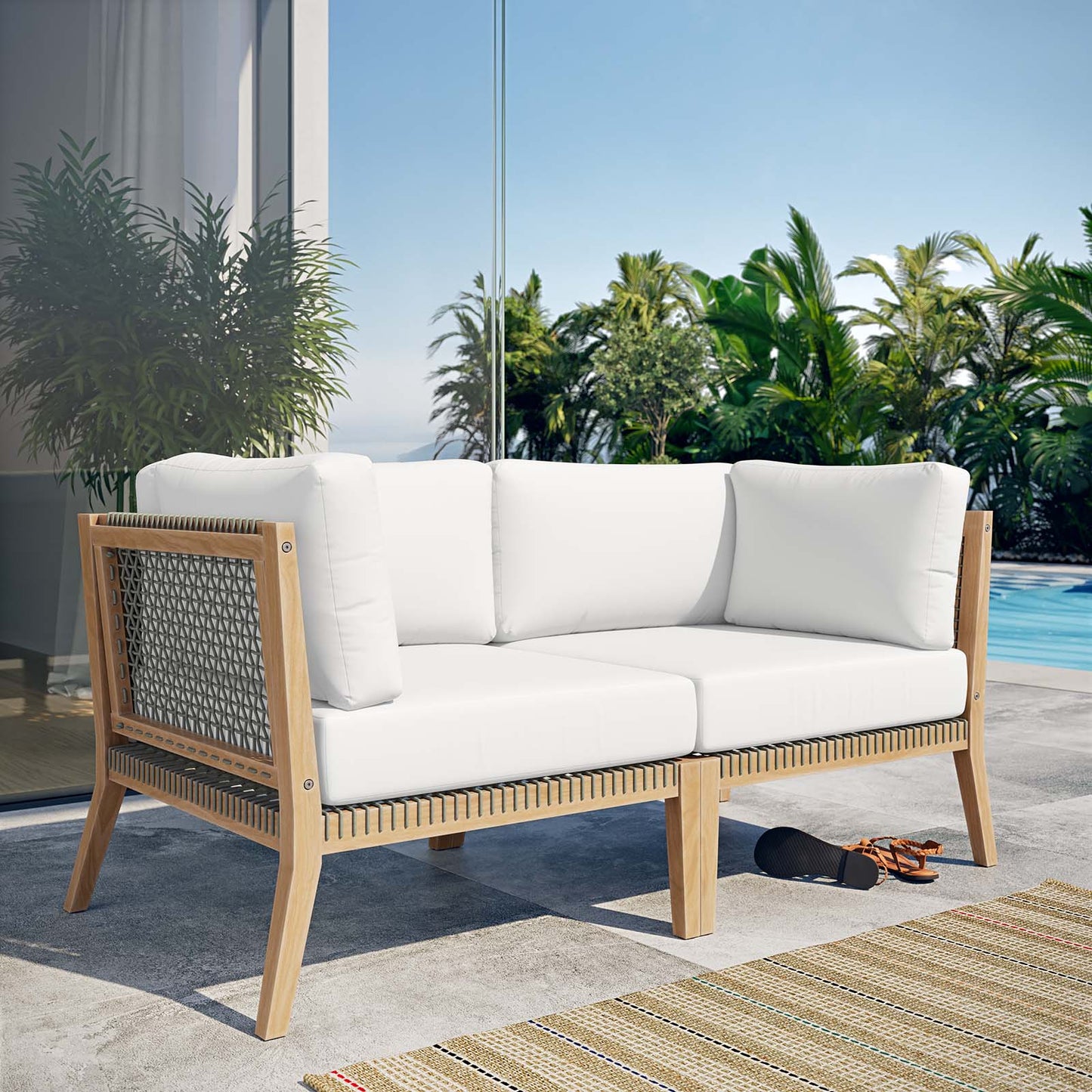 Clearwater Outdoor Patio Teak Wood Loveseat Gray White EEI-6119-GRY-WHI