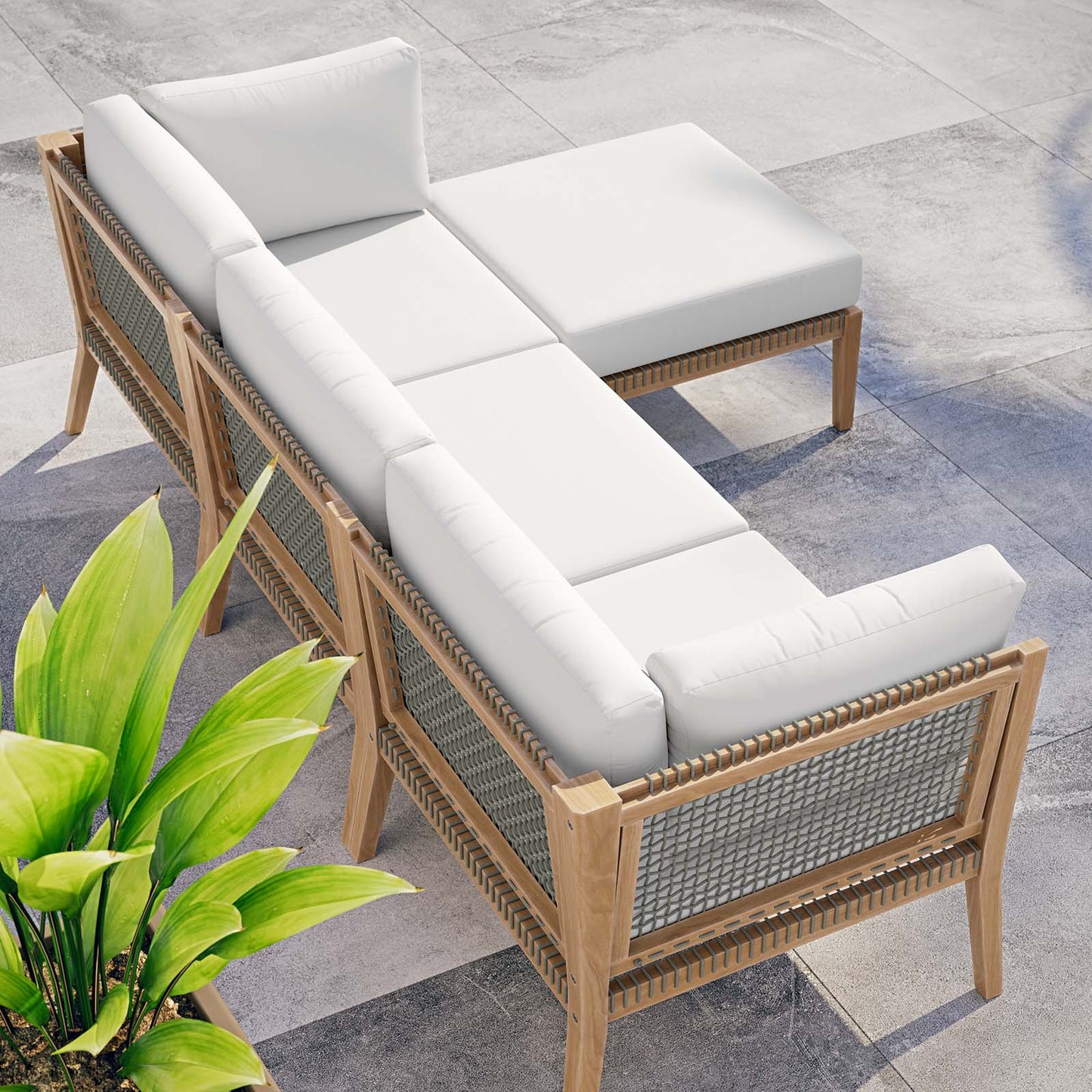 Clearwater Outdoor Patio Teak Wood 4-Piece Sectional Sofa Gray White EEI-6121-GRY-WHI