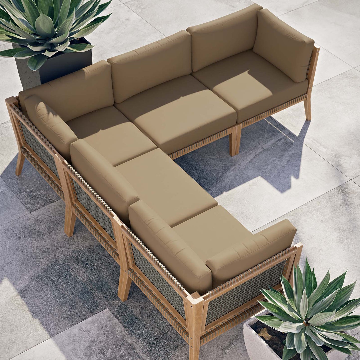 Clearwater Outdoor Patio Teak Wood 5-Piece Sectional Sofa Gray Light Brown EEI-6123-GRY-LBR
