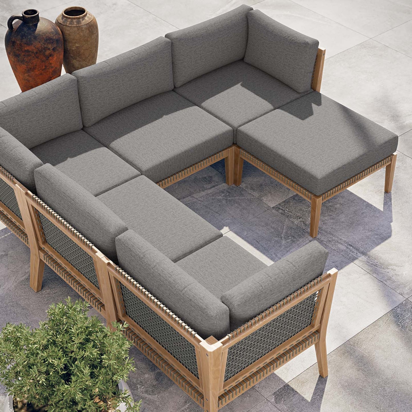 Clearwater Outdoor Patio Teak Wood 6-Piece Sectional Sofa Gray Graphite EEI-6124-GRY-GPH