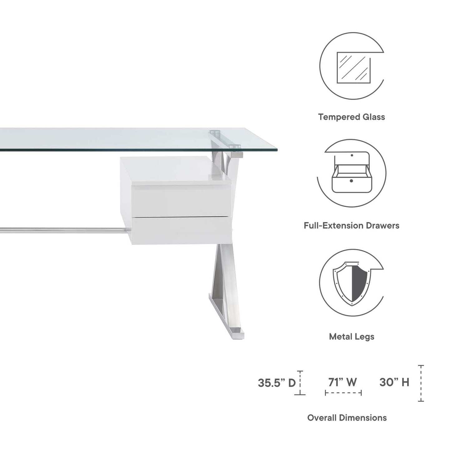 Sector 71" Glass Top Glass Office Desk White EEI-6226-WHI