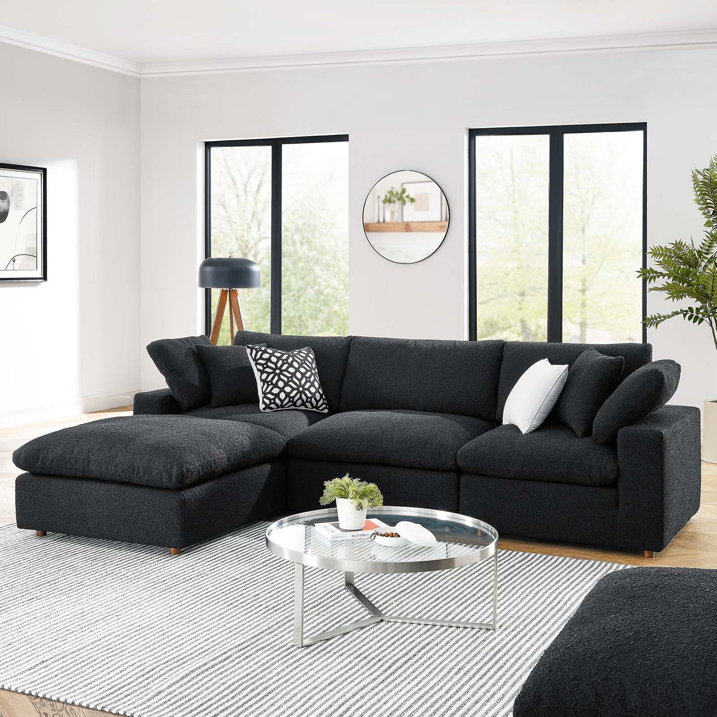 Commix Down Filled Overstuffed Boucle Fabric 4-Piece Sectional Sofa Black EEI-6363-BLK