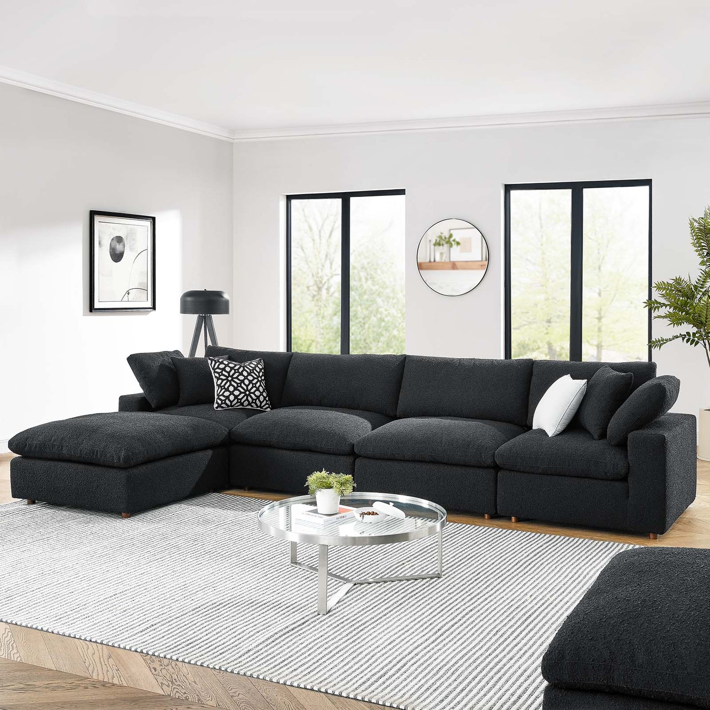 Commix Down Filled Overstuffed Boucle Fabric 5-Piece Sectional Sofa Black EEI-6365-BLK