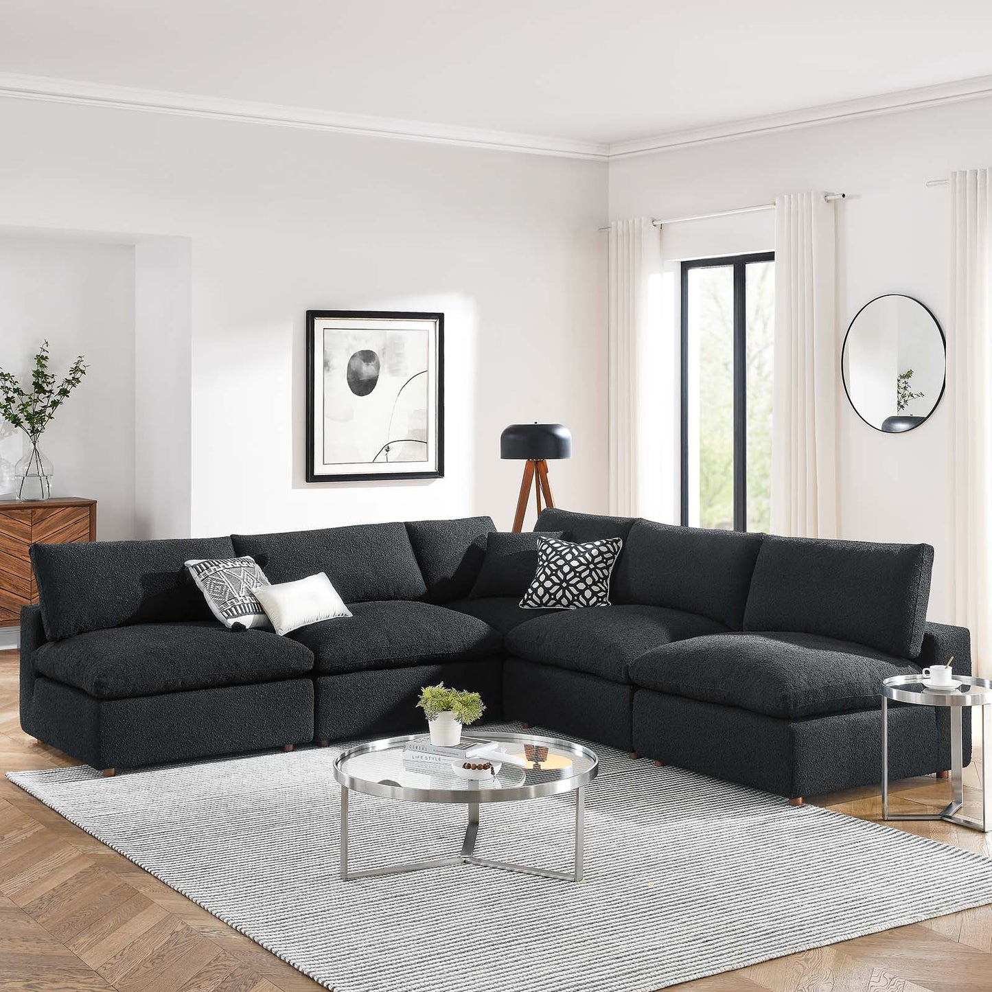 Commix Down Filled Overstuffed Boucle Fabric 5-Piece Sectional Sofa Black EEI-6367-BLK