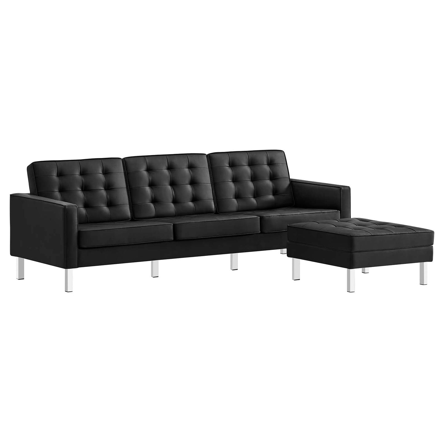 Loft Tufted Vegan Leather Sofa and Ottoman Set Silver Black EEI-6410-SLV-BLK-SET