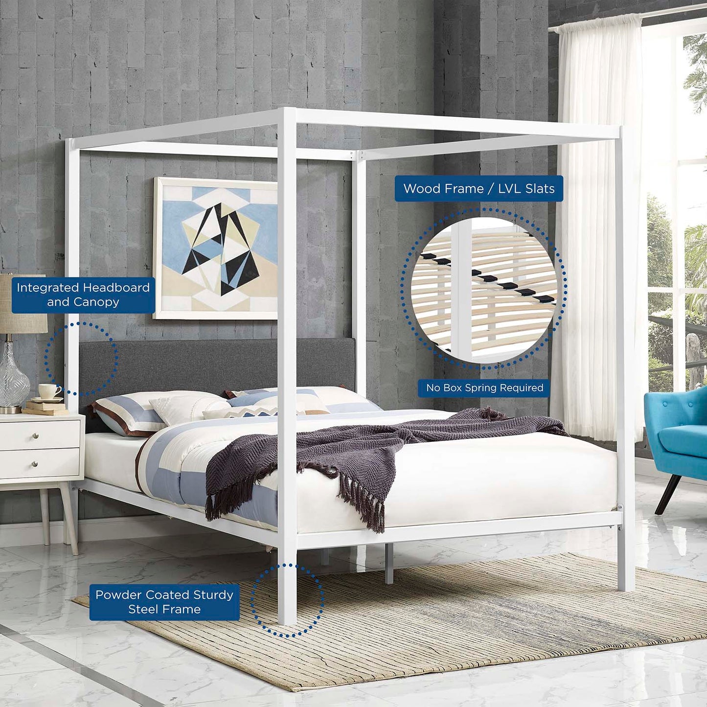 Raina Queen Canopy Bed Frame White Gray MOD-5570-WHI-GRY