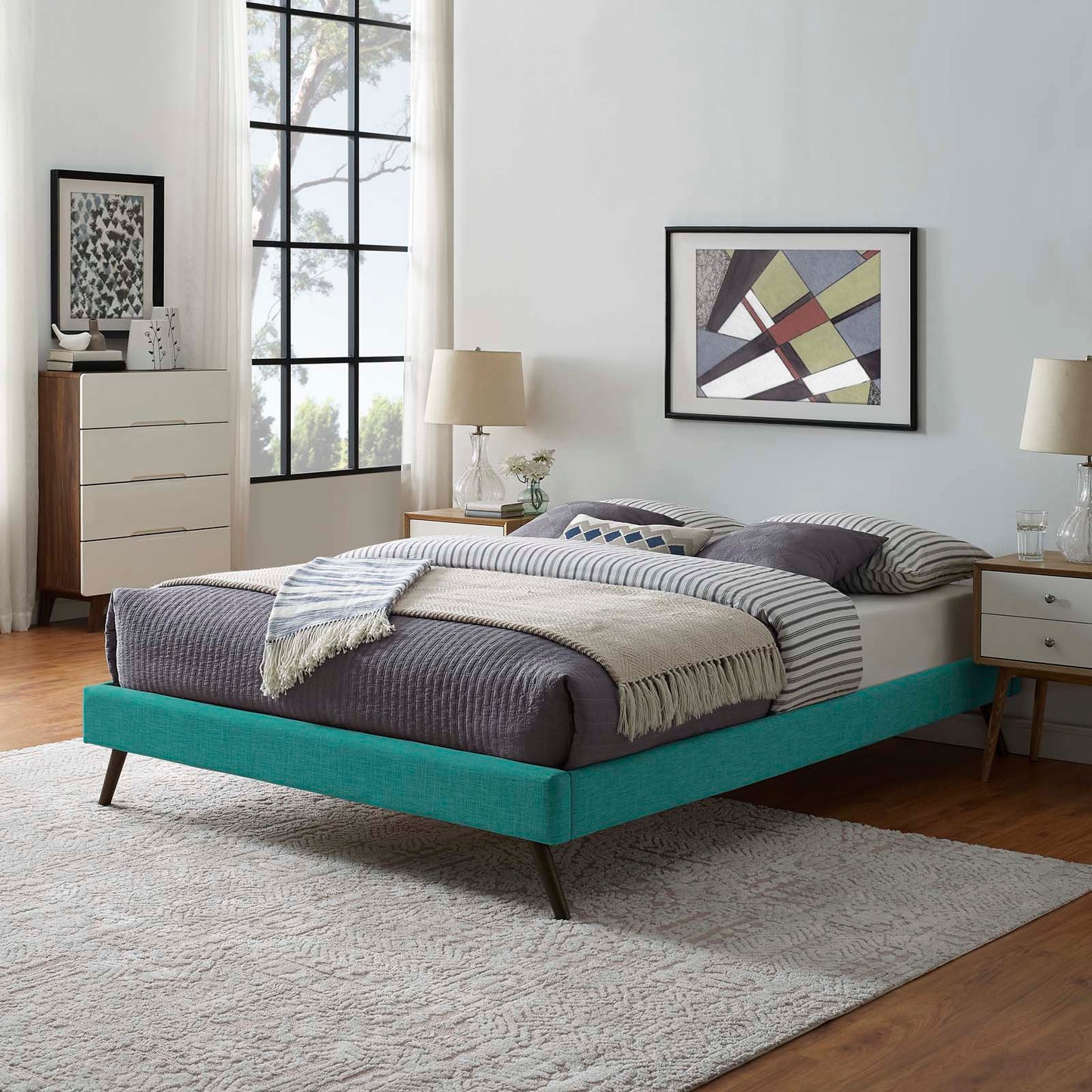 Loryn Queen Fabric Bed Frame with Round Splayed Legs Teal MOD-5891-TEA