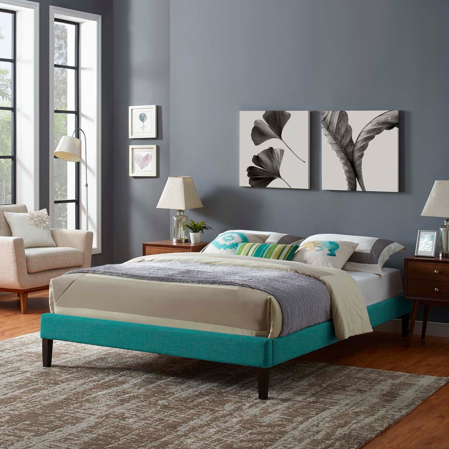 Tessie Queen Fabric Bed Frame with Squared Tapered Legs Teal MOD-5899-TEA