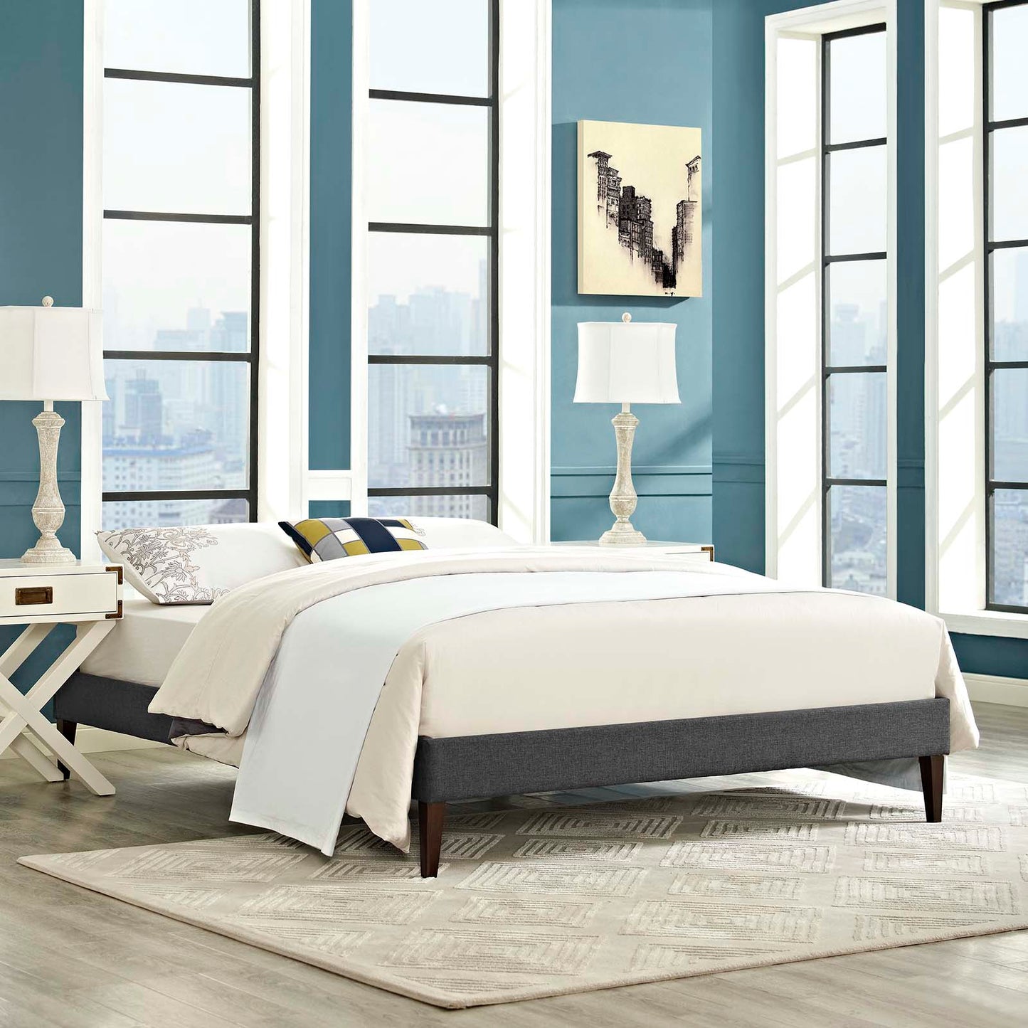 Tessie King Fabric Bed Frame with Squared Tapered Legs Gray MOD-5901-GRY