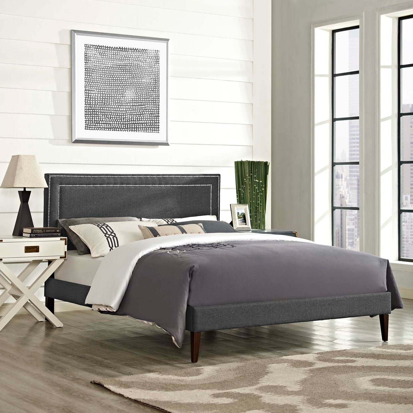 Virginia Queen Fabric Platform Bed with Squared Tapered Legs Gray MOD-5923-GRY