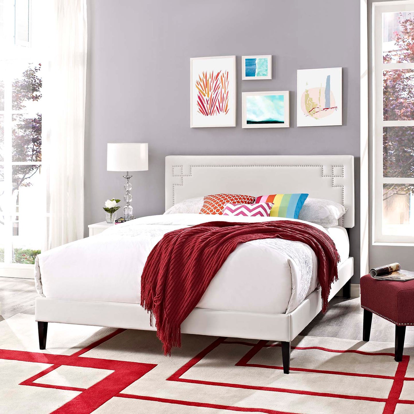 Ruthie Queen Vinyl Platform Bed with Squared Tapered Legs White MOD-5938-WHI