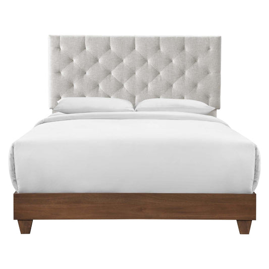 Rhiannon Diamond Tufted Upholstered Fabric Queen Bed Walnut Beige MOD-6146-WAL-BEI