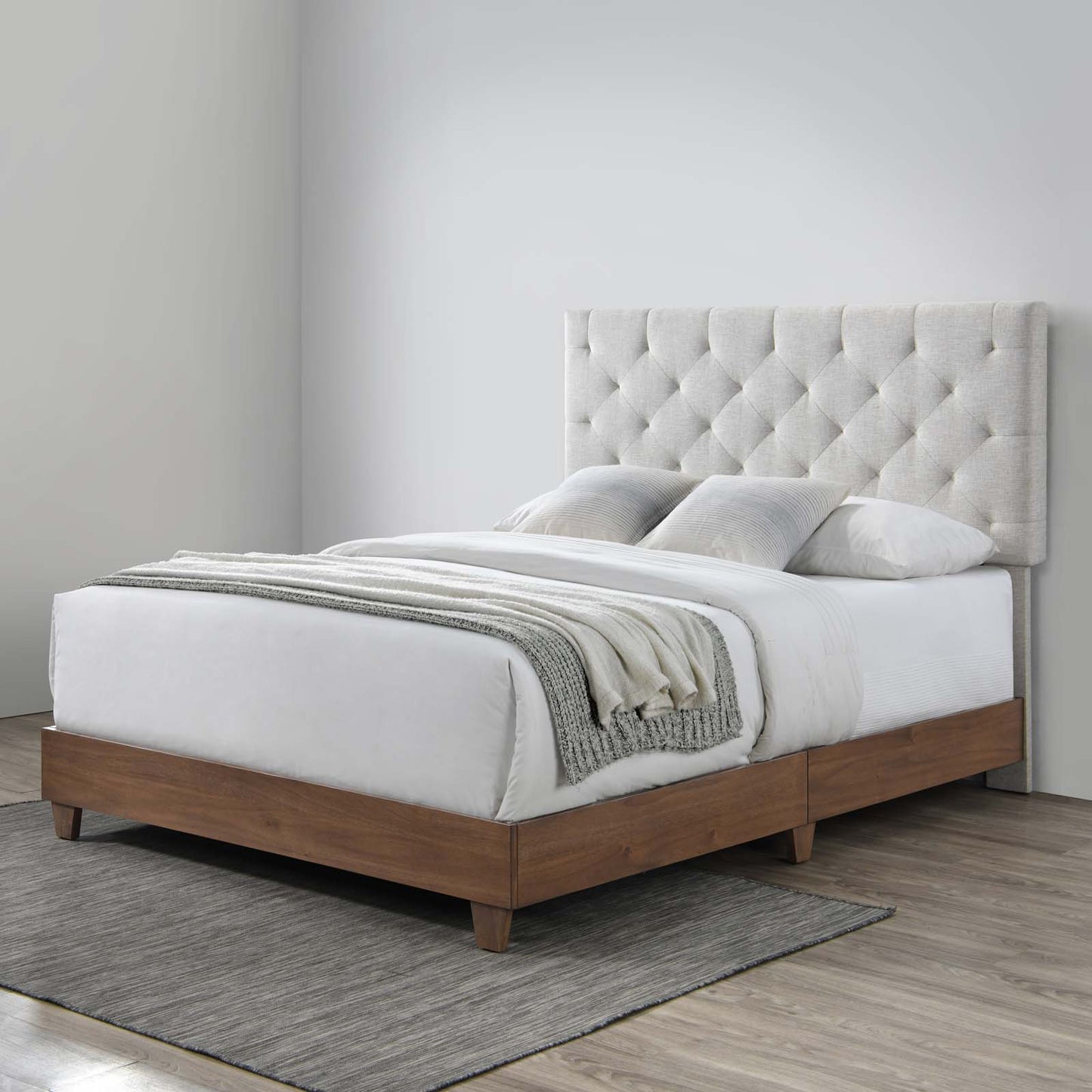 Rhiannon Diamond Tufted Upholstered Fabric Queen Bed Walnut Beige MOD-6146-WAL-BEI