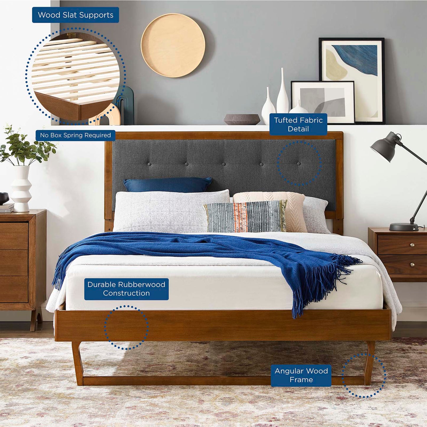 Willow Wood Platform Bed with Splayed Legs and Angular Frame