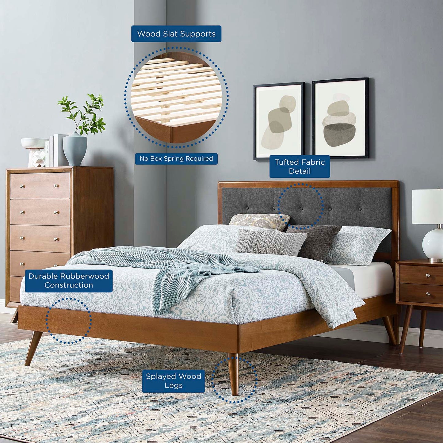 Willow Wood Platform Bed with Splayed Legs and Angular Frame