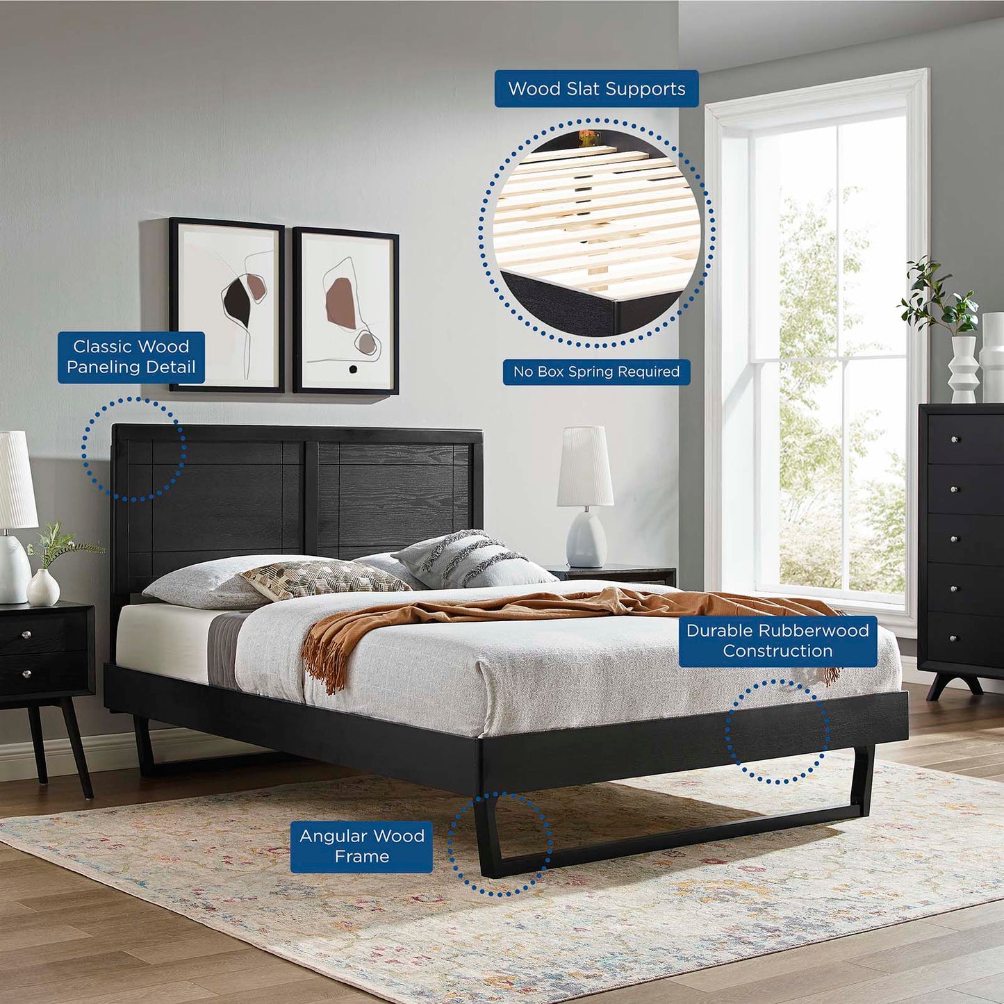 Marlee Wood Platform Bed With Angular Frame and Splayed Legs