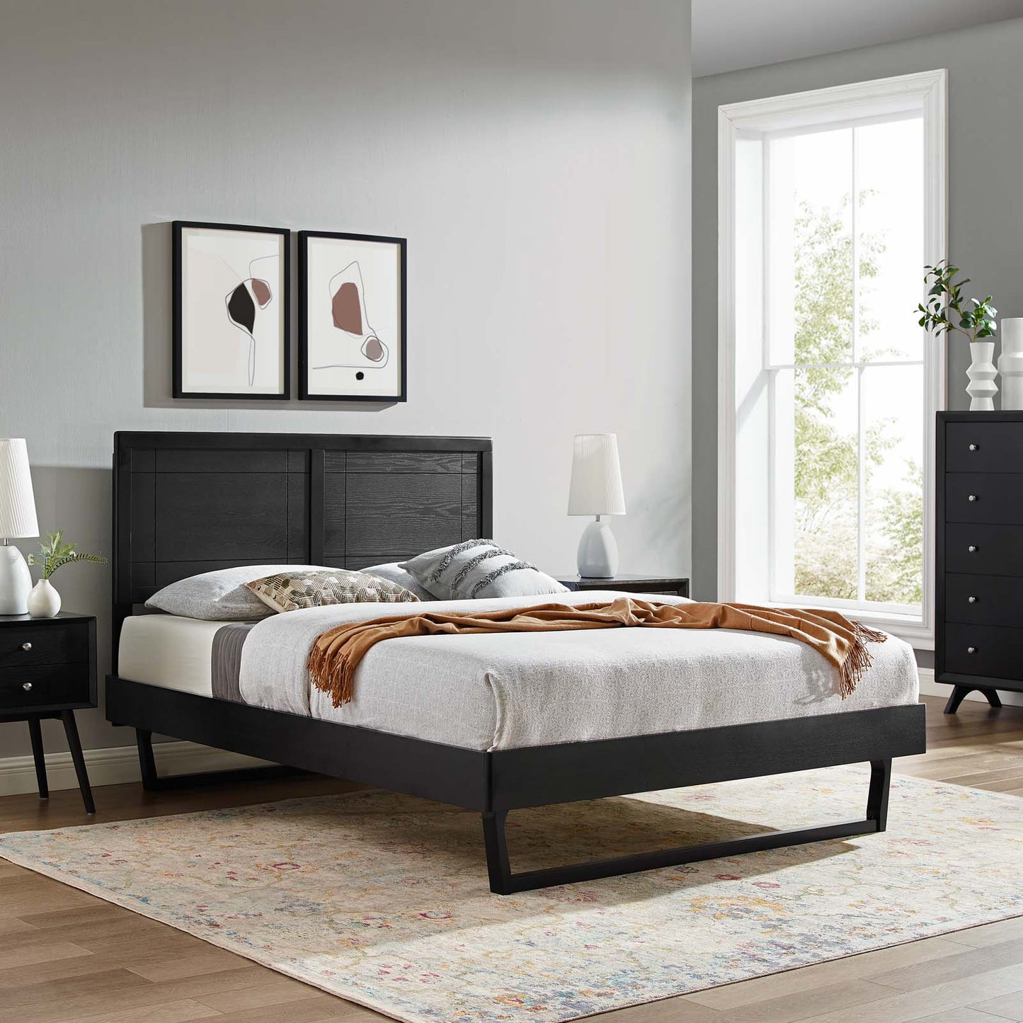 Marlee Wood Platform Bed With Angular Frame and Splayed Legs