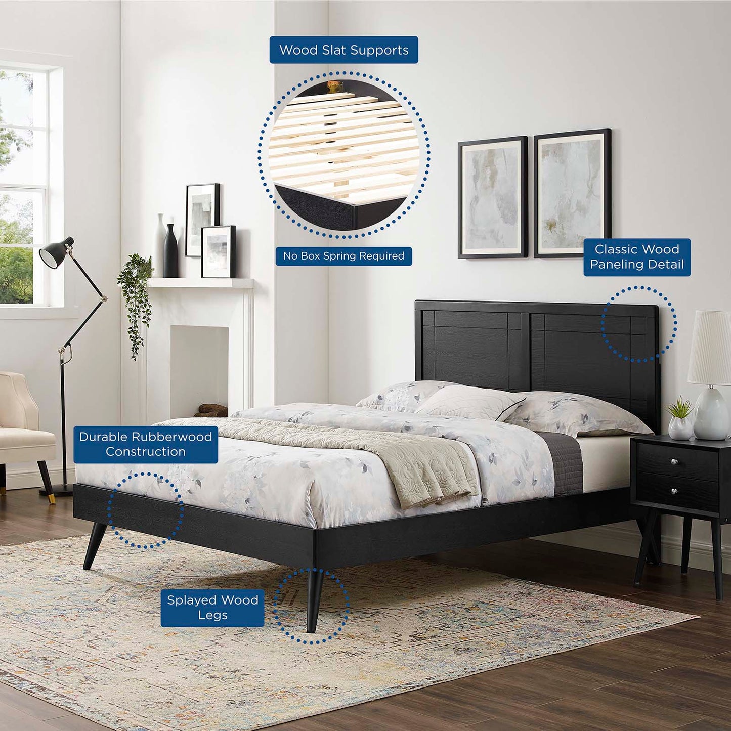 Marlee King Wood Platform Bed With Splayed Legs Black MOD-6629-BLK
