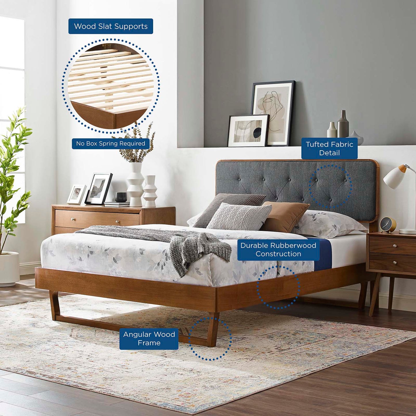 Bridgette Full Wood Platform Bed With Angular Frame Walnut Charcoal MOD-6643-WAL-CHA