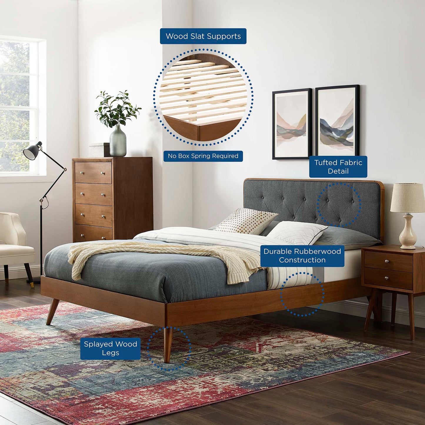 Bridgette King Wood Platform Bed With Splayed Legs Walnut Charcoal MOD-6647-WAL-CHA