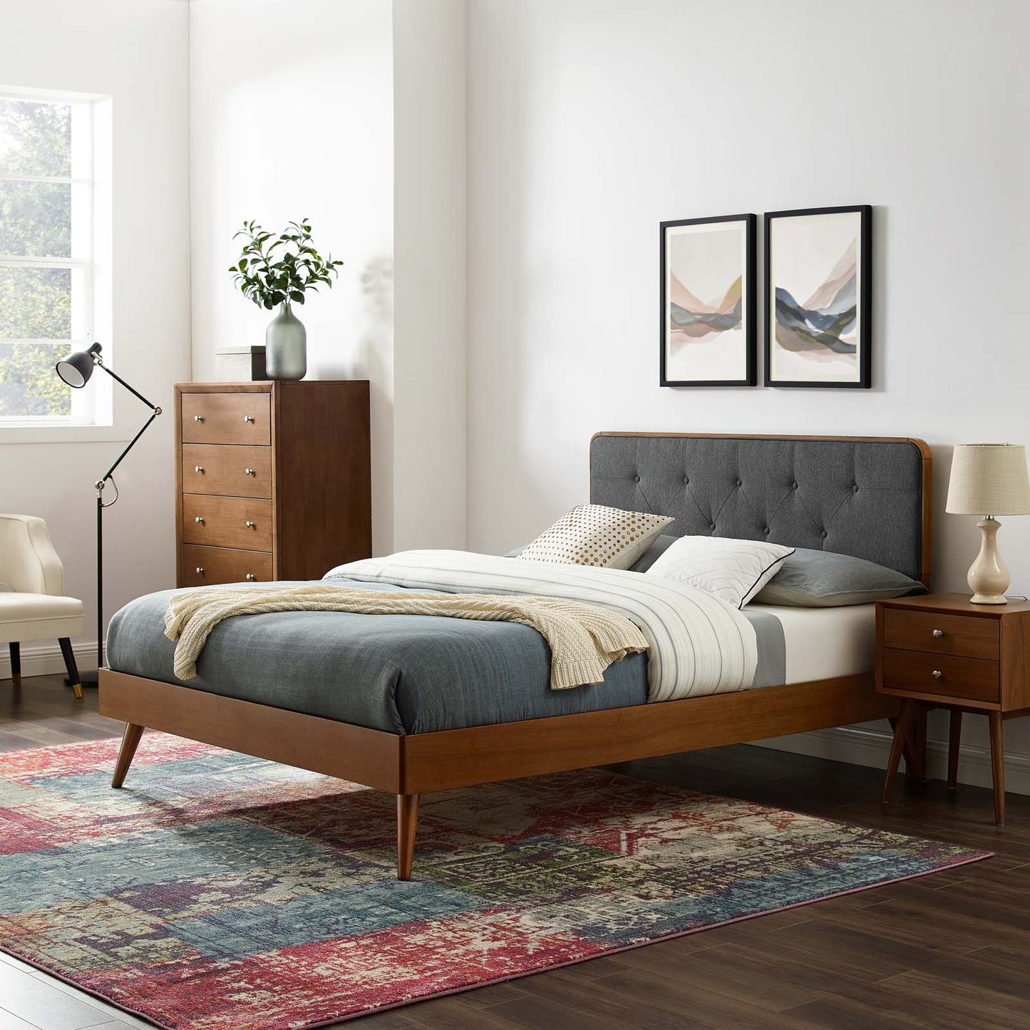 Bridgette King Wood Platform Bed With Splayed Legs Walnut Charcoal MOD-6647-WAL-CHA