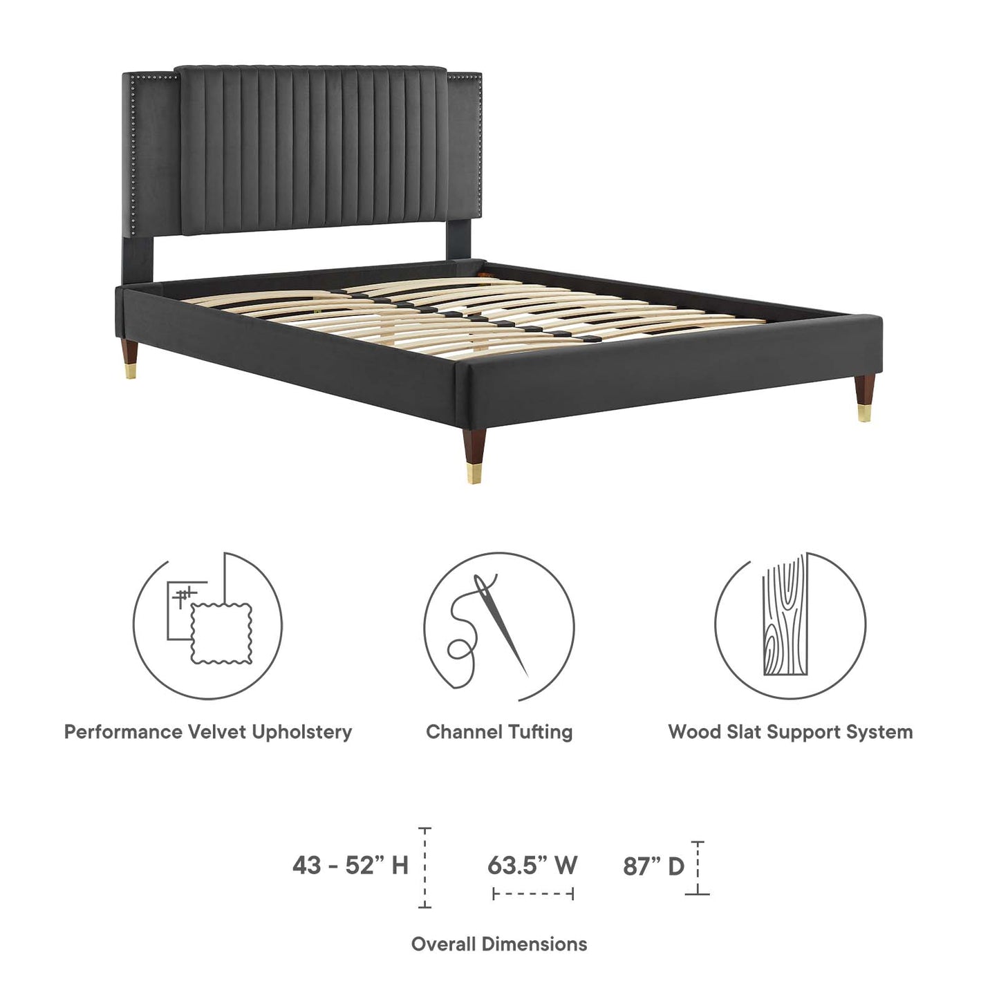 Zahra Channel Tufted Performance Velvet Queen Platform Bed Charcoal MOD-6970-CHA