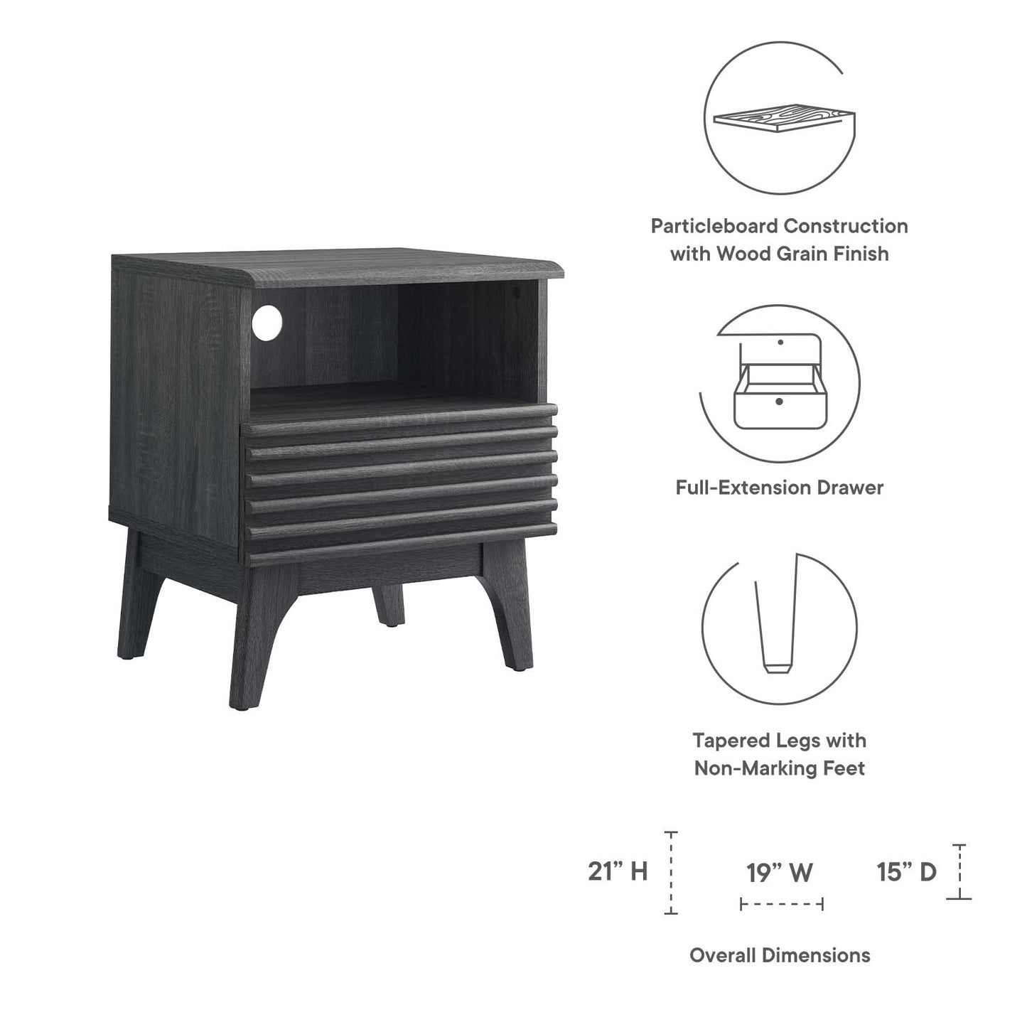 Render Nightstand MOD-7070 - Charcoal, Oak, Walnut Options Available
