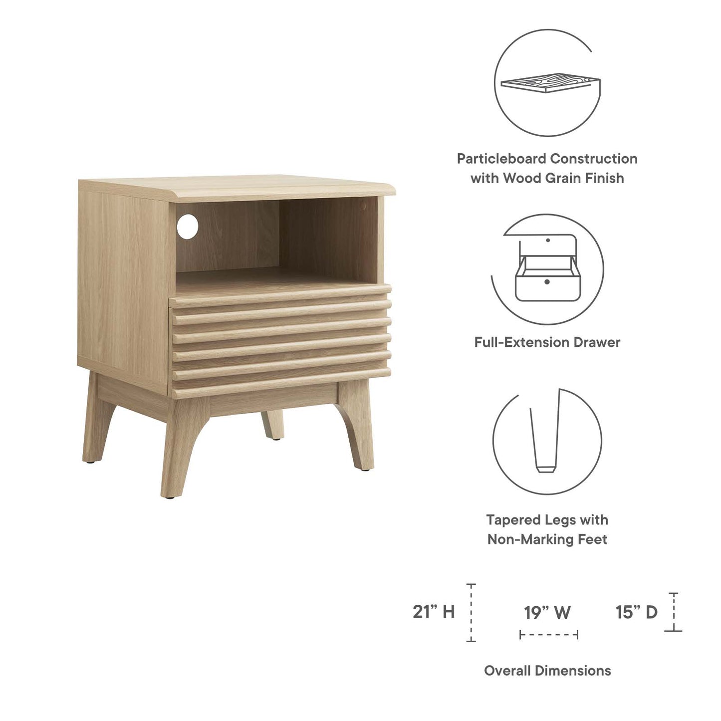 Render Nightstand MOD-7070 - Charcoal, Oak, Walnut Options Available