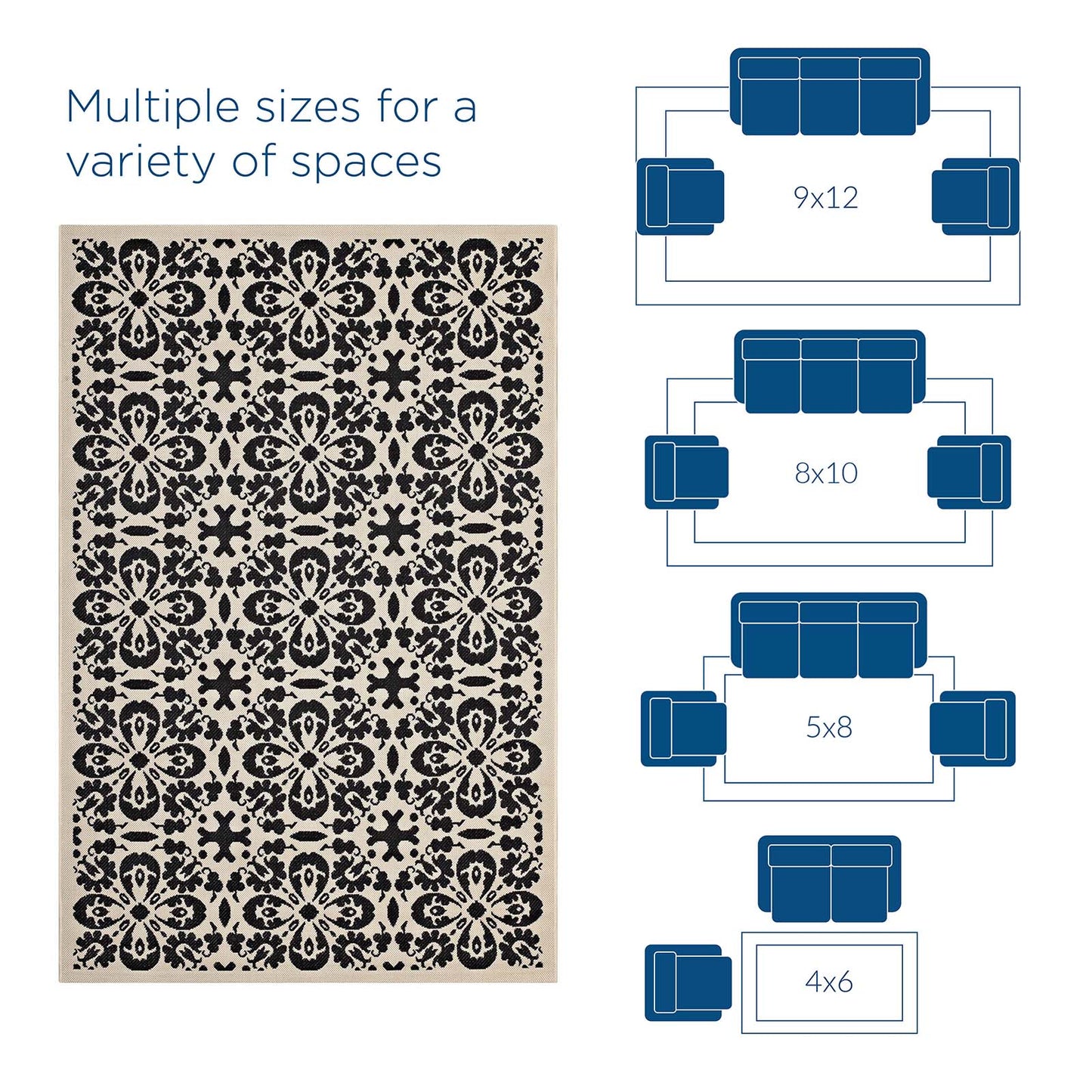 Ariana Vintage Floral Trellis 9x12 Indoor and Outdoor Area Rug Black and Beige R-1142E-912