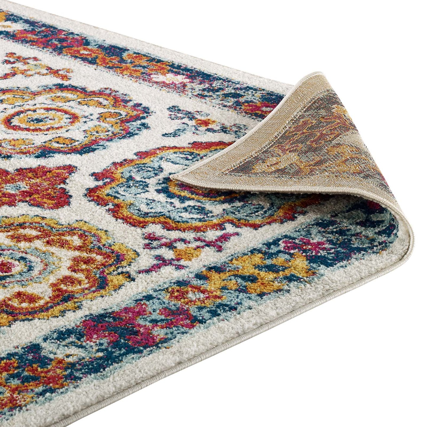 Entourage Odile Distressed Floral Moroccan Trellis 5x8 Area Rug Ivory, Blue, Red, Orange, Yellow R-1168A-58