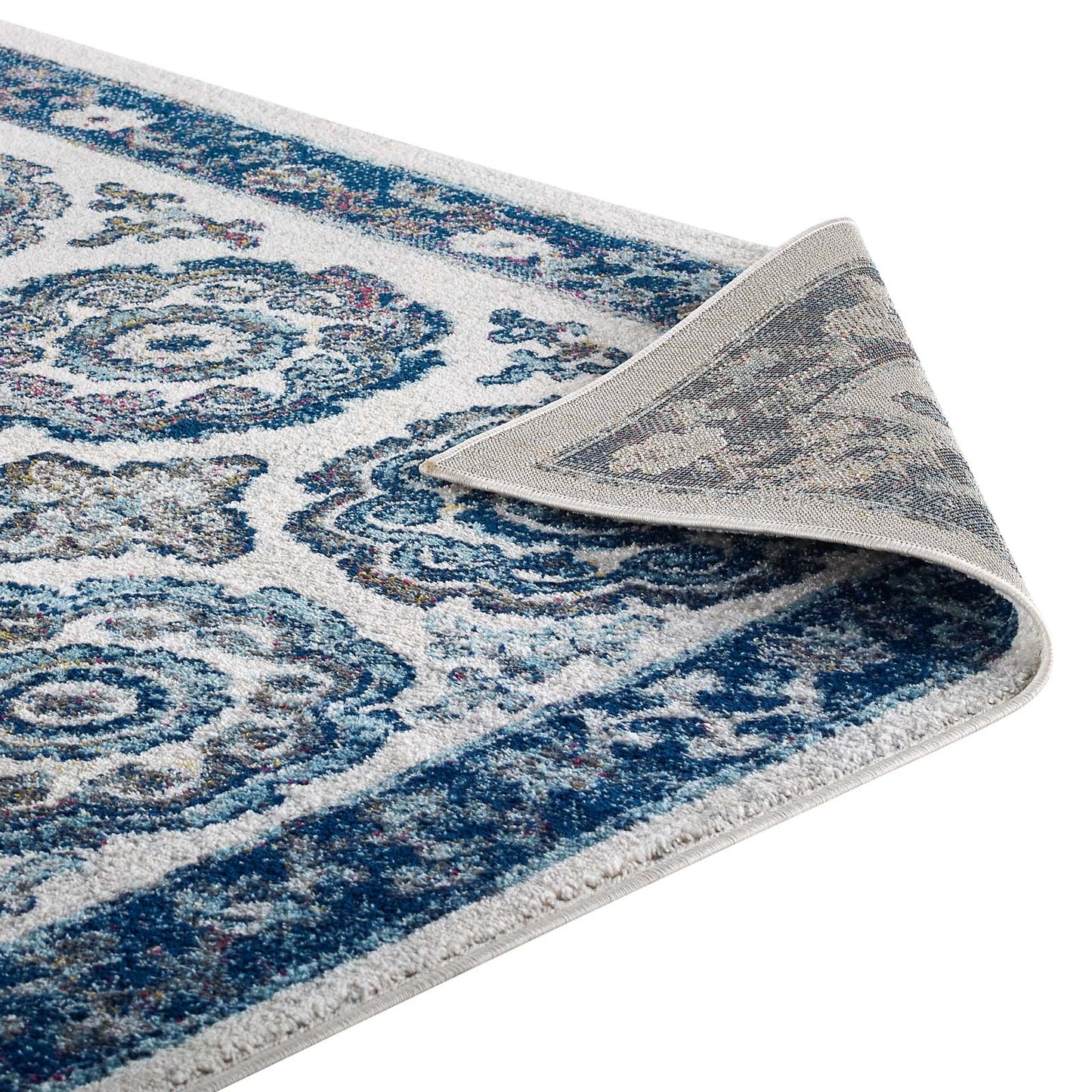 Entourage Odile Distressed Floral Moroccan Trellis 5x8 Area Rug Ivory and Blue R-1168C-58
