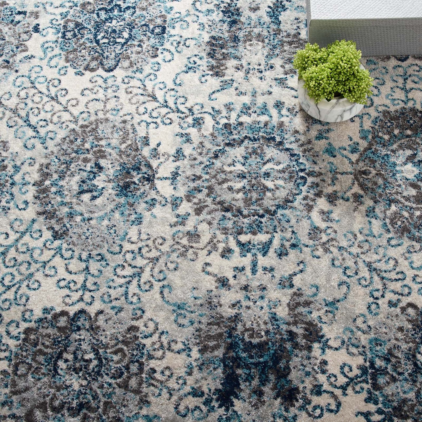 Entourage Kensie Distressed Floral Moroccan Trellis  8x10 Area Rug Ivory and Blue R-1173B-810
