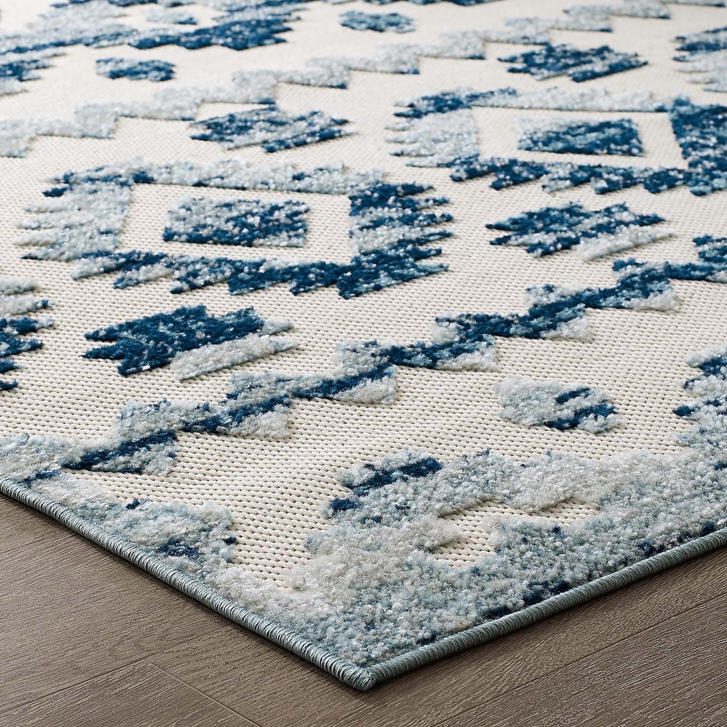 Reflect Takara Abstract Diamond Moroccan Trellis 8x10 Indoor and Outdoor Area Rug Ivory and Blue R-1180A-810